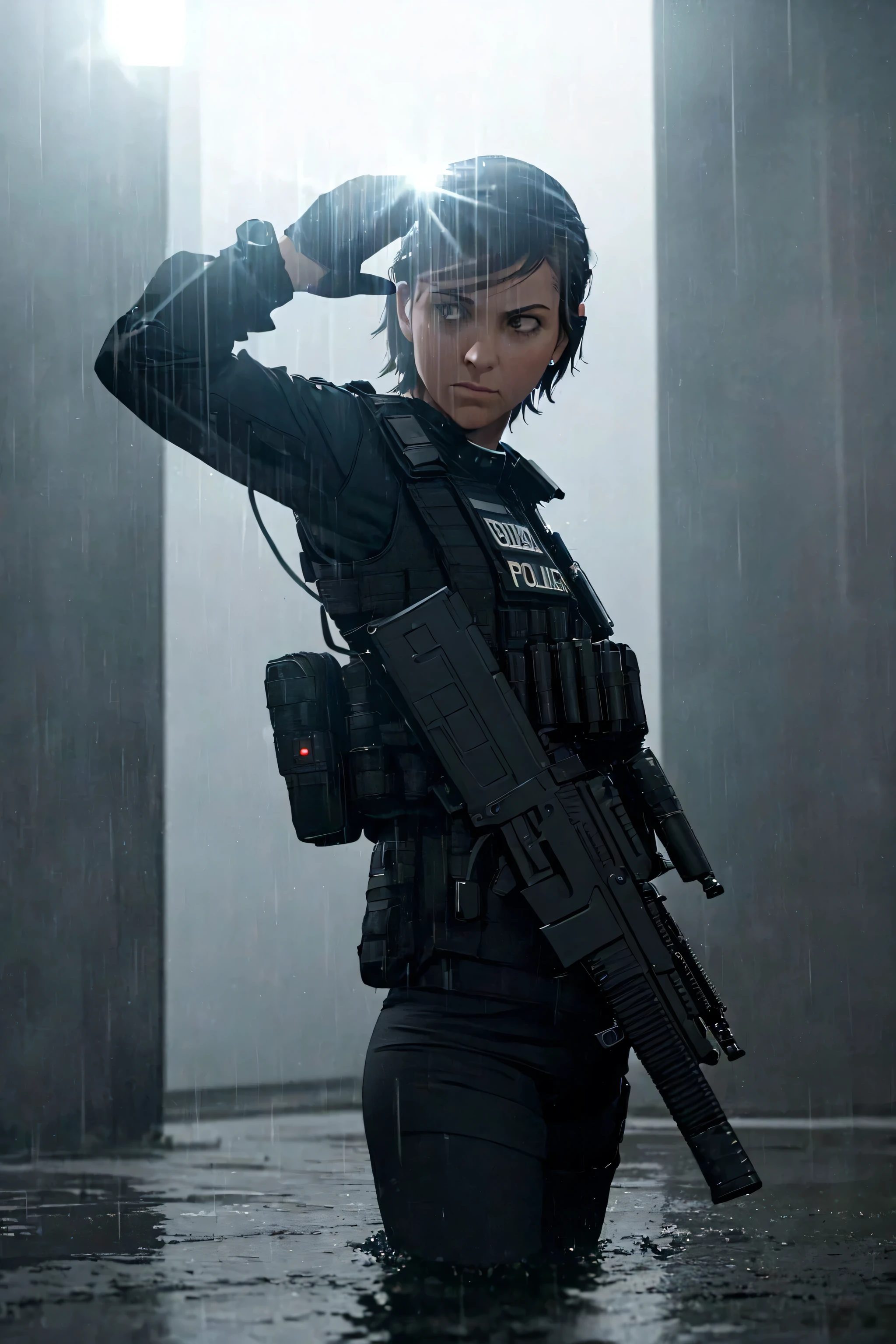 (masterpiece, photorealistic, 8k), 1girl, short hair, police officer, ballistic vest, assault rifle, futuristic city, raining night, patrol car, (siren lights), (backlight:1.6), looking away, facing viewer, realistic, extremely detailed eyes and face, cinematic lighting, dramatic lighting, water at knees, rain drops, moody colors, dark tones