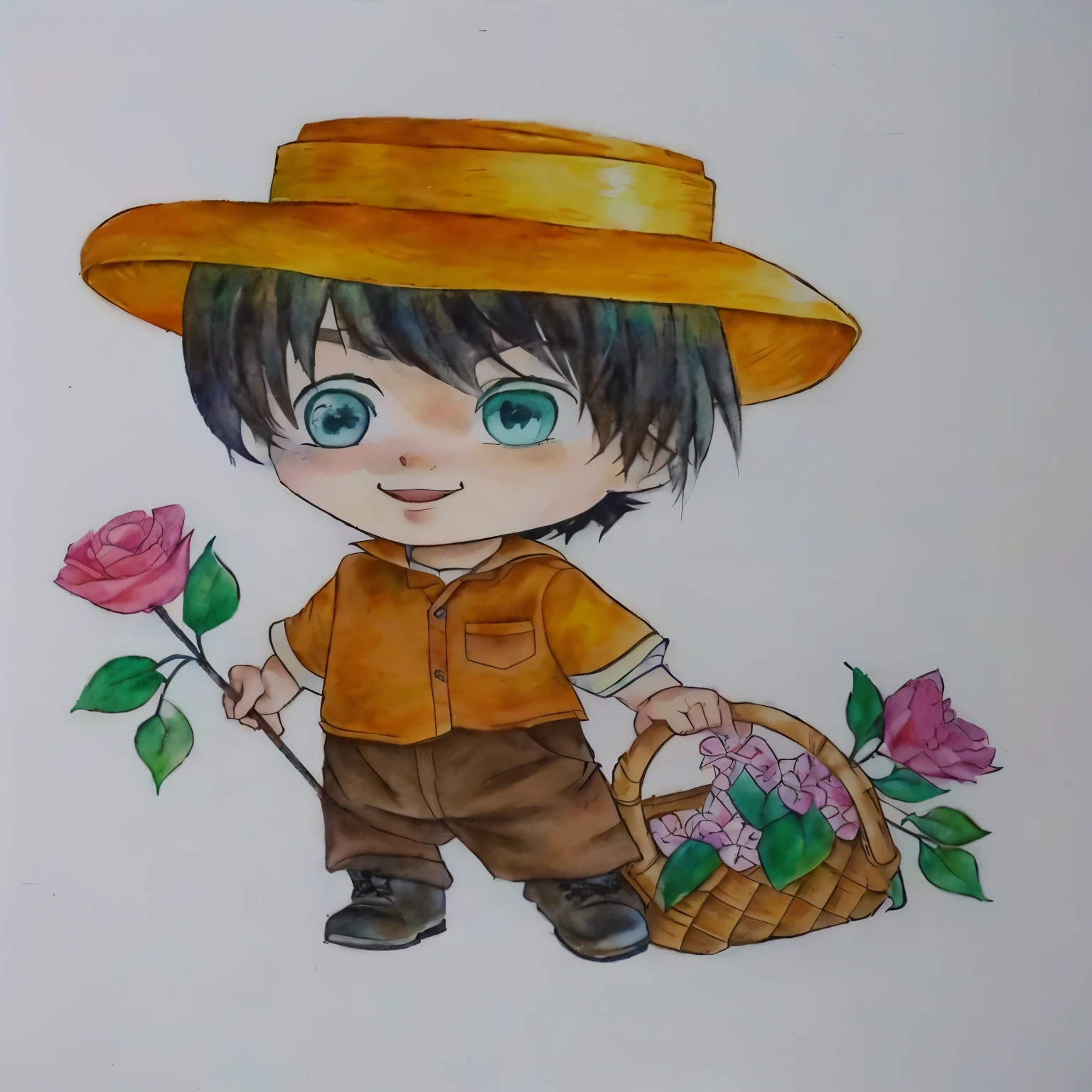 drawing of a boy with a hat and a basket of flowers, japanese farmer, character with hat marrom, desenho colorido, wearing a straw hat and overalls, aquarela e caneta, a colored pencil drawing, desenho colorido, desenho colorido, rich aquarium, arte tradicional, inspirado em Junpei Satoh, character with hat, Aquarela