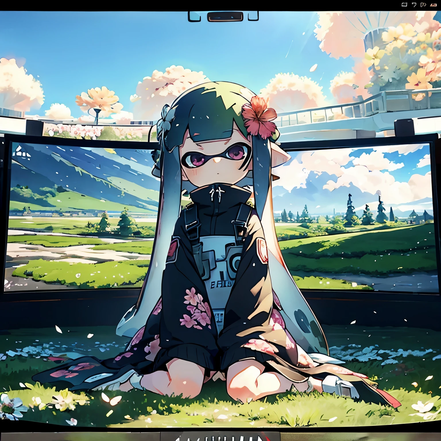 Ultra-wide angle、From afar、scenery、The whole screen is a flower field、All over the place々Flower、A girl from Splatoon is sitting in a flower field in the distance、The girl is far away from the screen、Small depiction due to distance from the viewer、((Flower storm))、Many petals are flying、綺麗なscenery、