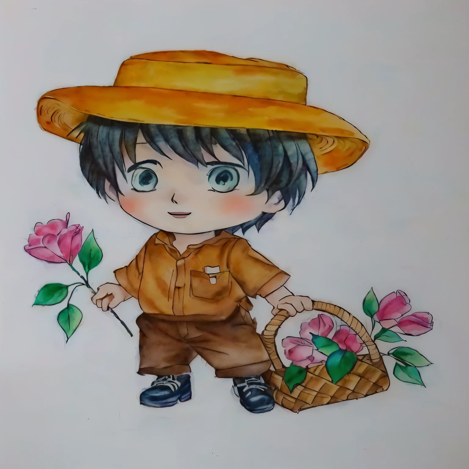 drawing of a boy with a hat and a basket of flowers, japanese farmer, character with hat marrom, desenho colorido, wearing a straw hat and overalls, aquarela e caneta, a colored pencil drawing, desenho colorido, desenho colorido, rich aquarium, arte tradicional, inspirado em Junpei Satoh, character with hat, Aquarela