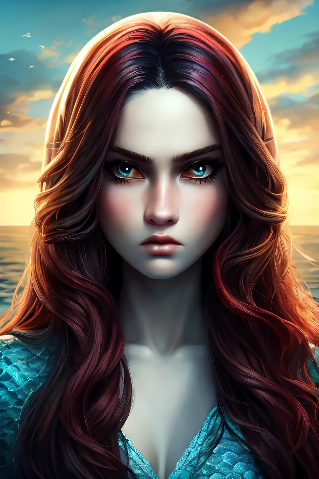 ((best quality)), ((masterpiece)), (detailed), white young female, red wavy long hair, slim build, fish scale cover right face, hair cover left face, serious facial expression, gloomy ocean background