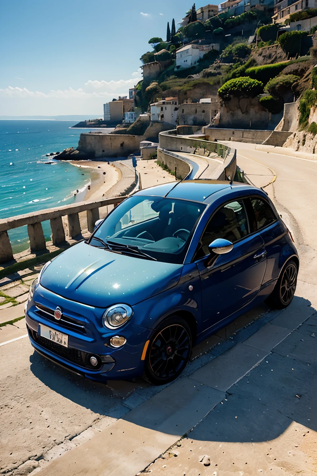 Ultra Realistic, High-Definition (4K - s2), Masterpiece: 1.2, Cinematic Photography: The captivating image of a woman, driving a sleek, vibrant red Fiat 500, gracefully navigating the winding streets of Piran coastline on a sun-kissed day. The coastal scenery serves as a stunning backdrop, with the sparkling azure sea and golden sandy beach glistening in the background. The Fiat 500, a symbol of Italian elegance and charm, shines brilliantly under the warm Mediterranean sun, casting long, dramatic shadows on the sun-drenched cobblestone street.