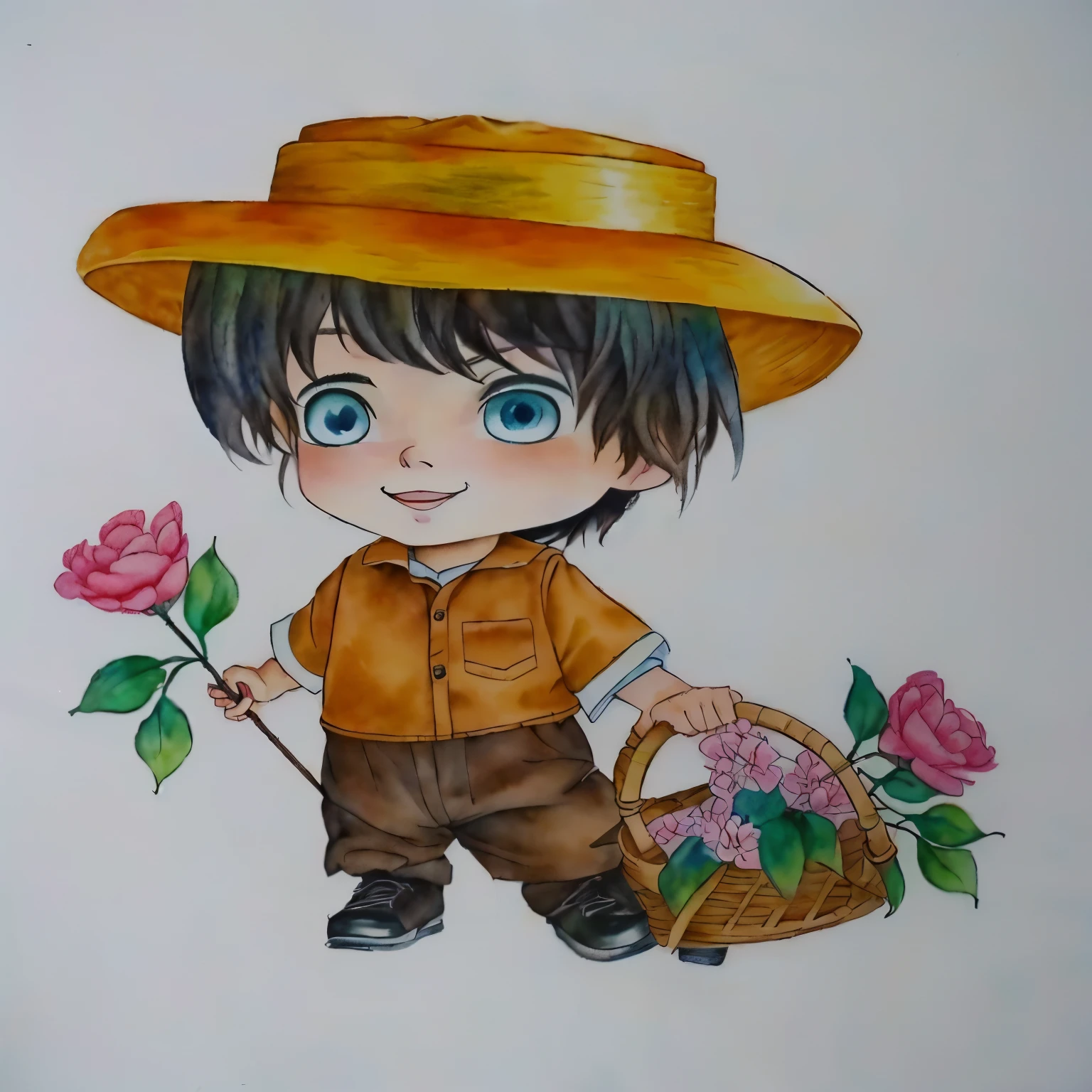 drawing of a boy with a hat and a basket of flowers, japanese farmer, character with hat marrom, desenho colorido, wearing a straw hat and overalls, aquarela e caneta, a colored pencil drawing, desenho colorido, desenho colorido, rich aquarium, arte tradicional, inspirado em Junpei Satoh, character with hat, Aquarela