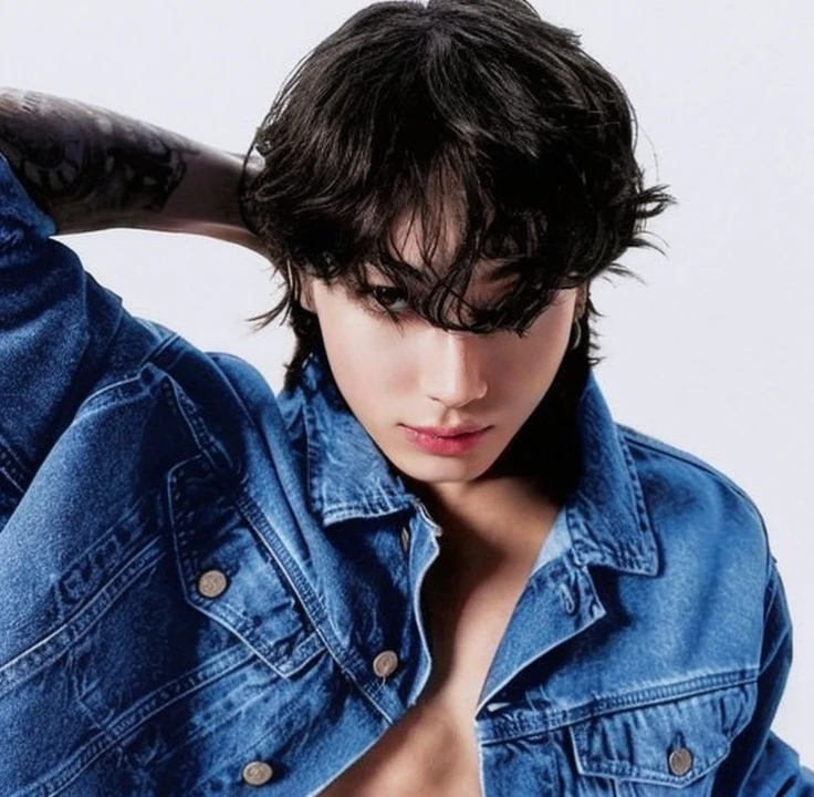 Hombre arafed con una camisa y una chaqueta vaquera puesta., androgynous male, an epic non-binary model, androgynous person, androgynous, beautiful androgynous prince, androginia, beautiful androgynous girl, Frank Dillane, delicate androgynous prince, modelo no binario, jungkook, Timothée Chalamet, para gq
