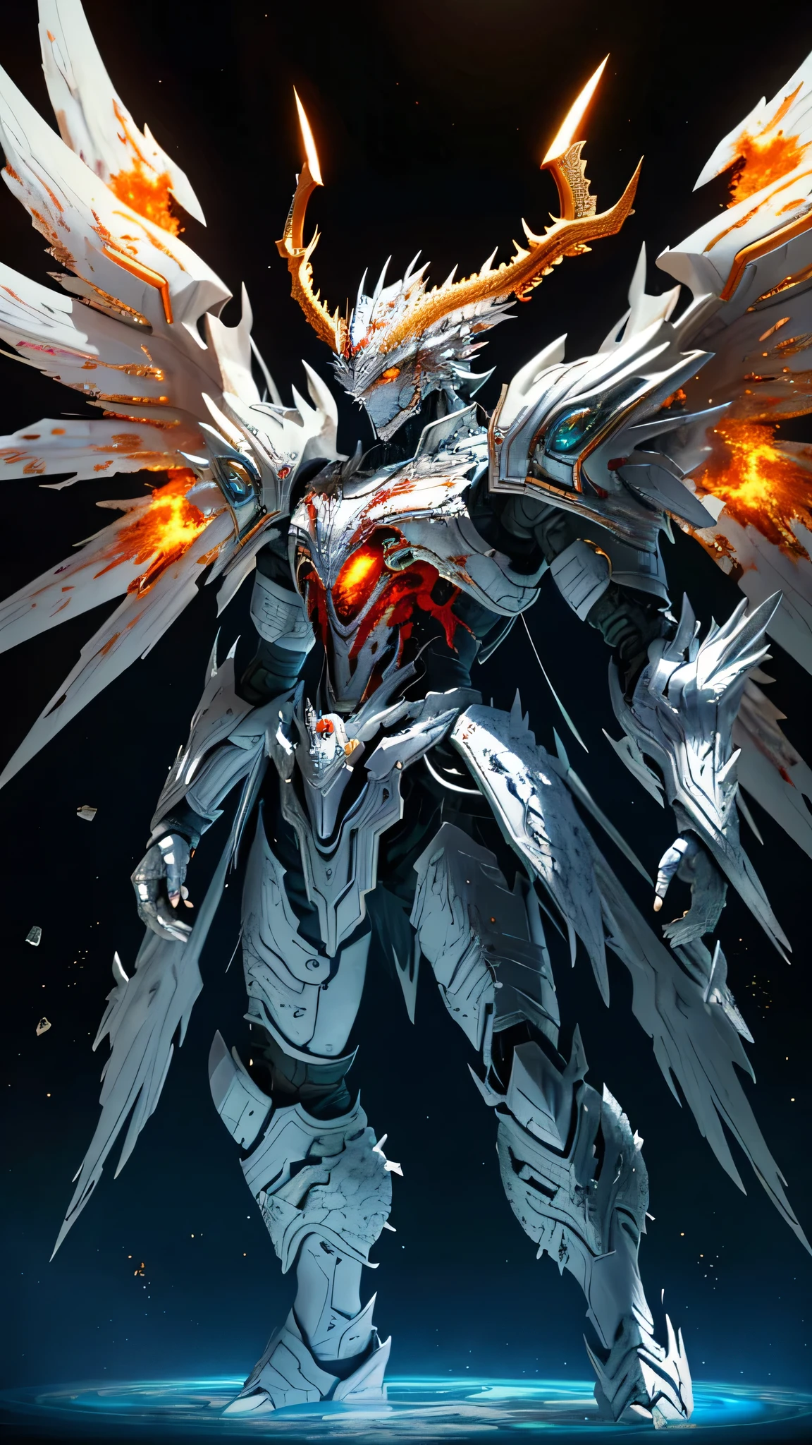 Silver-white God of War，True dragons（（tmasterpiece））， （best qualtiy））， 8k， high detal， ultra - detailed， the Extremely Detailed CG Unity 8K Wallpapers， 1 Mech Boy，（Solo exhibition：1.2）， {white bones|Silver refining|Ice crystals|Blood Demon|Phantom Dragon|thunder} armour，， sci-fy， karo， conflict， The movie is magnificent， （arma：1）， full armour， （Floating color{ventania|Water magic|ink|crystal|firey|icey|firey|salama|rete|Rochas|sand|Particle|spark of light|blood}：1.2）