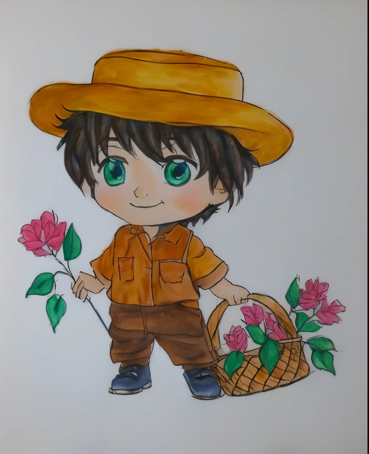 drawing of a boy with a hat and a basket of flowers, japanese farmer, character with hat marrom, desenho colorido, wearing a straw hat and overalls, aquarela e caneta, a colored pencil drawing, desenho colorido, desenho colorido, rich aquarium, arte tradicional, inspirado em Junpei Satoh, character with hat, Aquarela