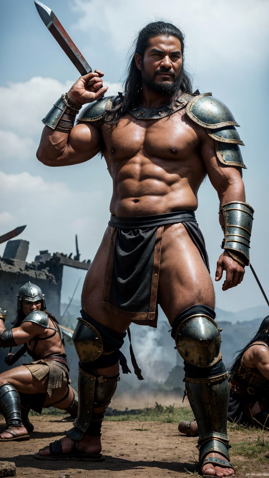 looking at me, Staring Intently, face focus, Villain, a robust build ferocious barbarian, This barbarian is a fat Japanese, mid combat, intense battle scene, leather and iron armor, armored short skirt, holding a Viking War Axes, legs exposed from thighs to feet, fierce warriors, ancient battlefields, epic showdown, battleground background, masterpiece, volumetric lighting, Dramatic, Uighur the Warden, breathtaking action, dynamic poses, ((ultra sharp)), ((masterpiece)), ((best quality)), ((ultra detailed)), ((intricate details)), Inguinal region detailed, Dilapidated, smirking, breathtaking action, destroyed city after nuclear blast, fire, smoke, He is ejaculating semen,