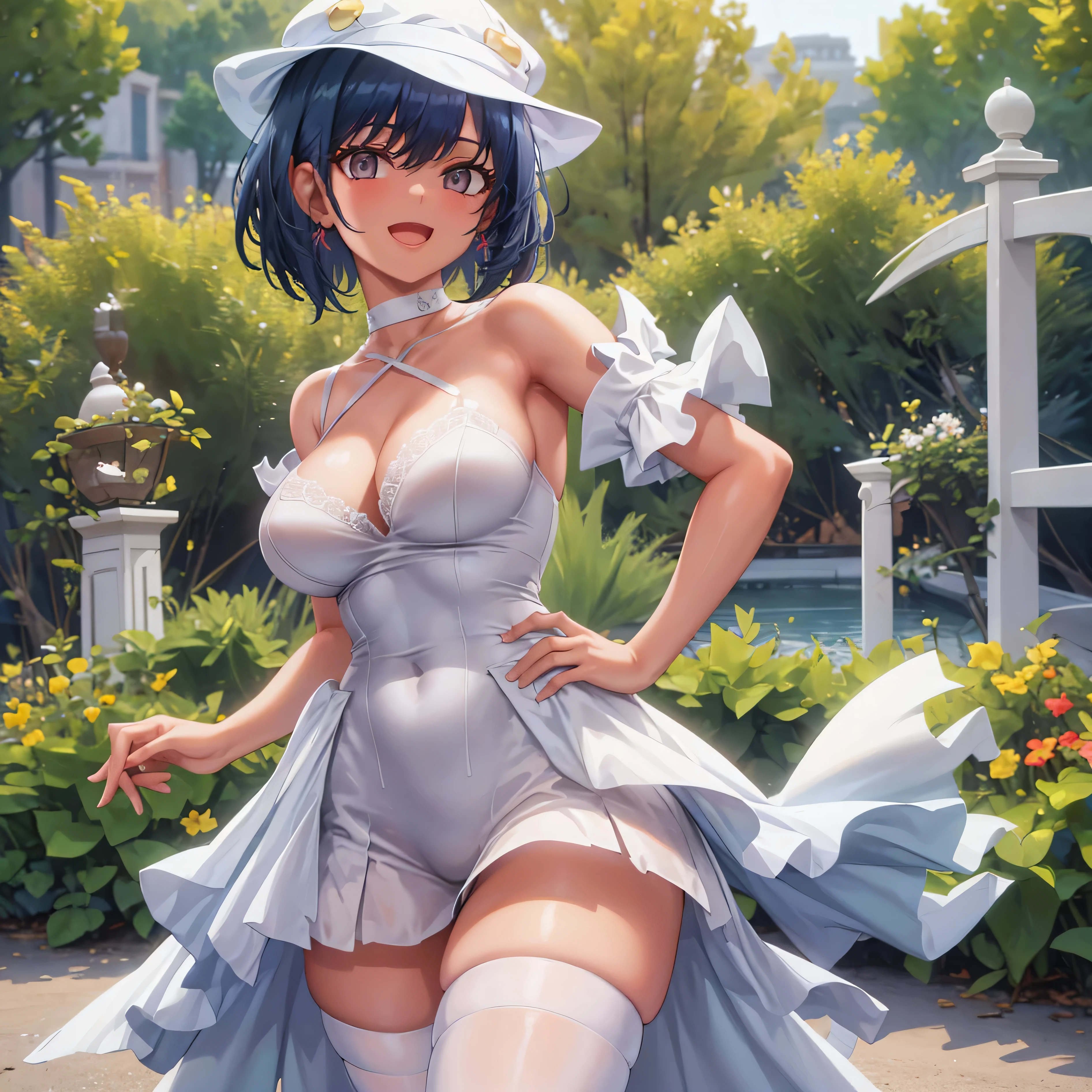(masterpiece:1.2), (best quality), (ultra detailed), (8k, 4k, intricate), (full-body-shot:1), (highly detailed:1.2), (detailed face:1.2), (detailed background), detailed landscape, ((portrait)), (dynamic pose:1.2) aether foundation employee, dark blue hair, short hair, white hat, 1girl, ((solo)), breasts, looking at viewer, smile, open mouth, medium breasts, skimpy white lace bra, intricated white lace underwear, nsfw, collarbone, hair ribbon, cowboy shot, hand on hip, index finger raised, poke ball, poke ball (basic), sidelocks, eyelashes,