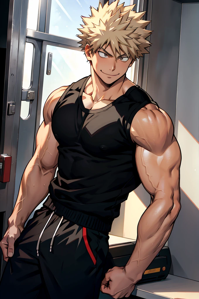 Bakugo Katsuki《My Hero Academia》, Wearing black sweatpants and a black vest, Smile, Bodybuilder, Definition, Abdominal muscles, Big Muscle