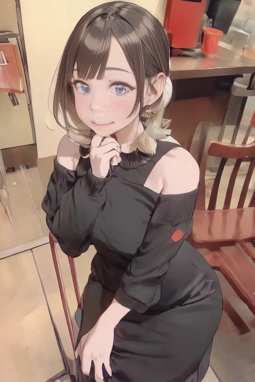 (((Masterpiece))),(((Super Detail))),(((in 8K))),(((best composition))),(((Rim lighting,Fireglow effect,deep shadow))),solo,(Hatsune Miku:1.0),Beautiful fingers,Detailed finger features,(Detailed hair features:1.7),(Dynamic and sexy bending pose:1.3),detailed facial features,detailed clothes features, (perky chest:1.1), (pointed chest:1.3), delicate beautiful face, Bright blue eyes, cute eyes, sparkling eyes, Big eyes, beautiful detailed eyes,double bun with glittering hair ornament,(super detailed glossy skin:1.3),slender body,tits,goddess smile,((with sparkling eyes and a contagious smile)),beautiful posture,have a cup of coffee,black hair, red eyes, dress, bare shoulders, jewelry, collarbone, sidelocks, hairband, earrings, indoors, off shoulder, sweater, arms behind back, plant, short hair with long locks, white hairband, off-shoulder dress, sweater dress, off-shoulder sweater, red sweater, big side hair, very long side hair,(super delicate floral pattern:1.2),seductive cleavage:1.3,beautiful glossy legs,shiny red high heels,lifting dishes with cakesd,french restaurant,hustle and bustle,rising steam,(((depth of fields)))