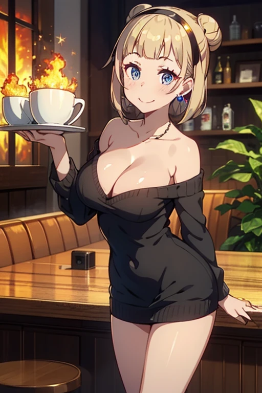 (((Masterpiece))),(((Super Detail))),(((in 8K))),(((best composition))),(((Rim lighting,Fireglow effect,deep shadow))),solo,(Hatsune Miku:1.0),Beautiful fingers,Detailed finger features,(Detailed hair features:1.7),(Dynamic and sexy bending pose:1.3),detailed facial features,detailed clothes features, (perky chest:1.1), (pointed chest:1.3), delicate beautiful face, Bright blue eyes, cute eyes, sparkling eyes, Big eyes, beautiful detailed eyes,double bun with glittering hair ornament,(super detailed glossy skin:1.3),slender body,tits,goddess smile,((with sparkling eyes and a contagious smile)),beautiful posture,have a cup of coffee,black hair, red eyes, dress, bare shoulders, jewelry, collarbone, sidelocks, hairband, earrings, indoors, off shoulder, sweater, arms behind back, plant, short hair with long locks, white hairband, off-shoulder dress, sweater dress, off-shoulder sweater, red sweater, big side hair, very long side hair,(super delicate floral pattern:1.2),seductive cleavage:1.3,beautiful glossy legs,shiny red high heels,lifting dishes with cakesd,french restaurant,hustle and bustle,rising steam,(((depth of fields)))