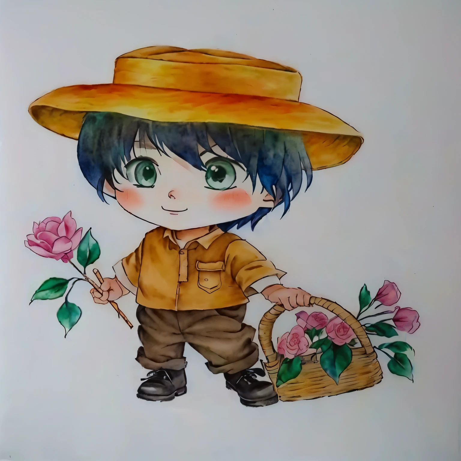 drawing of a boy with a hat and a basket of flowers, japanese farmer, character with hat marrom, desenho colorido, wearing a straw hat and overalls, aquarela e caneta, a colored pencil drawing, desenho colorido, desenho colorido, rich aquarium, arte tradicional, inspirado em Junpei Satoh, character with hat, Aquarela