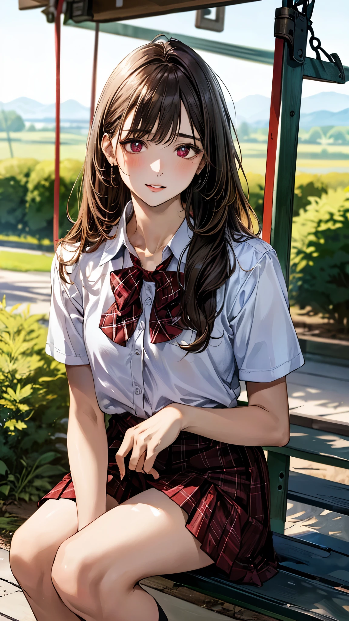 (masterpiece:1.3, top-quality, ultra high res, ultra detailed), (realistic, photorealistic:1.4), beautiful illustration, perfect lighting, natural lighting, colorful, depth of fields, surrealism,
beautiful detailed hair, beautiful detailed face, beautiful detailed eyes, beautiful clavicle, beautiful body, beautiful chest, beautiful thigh, beautiful legs, beautiful fingers, shiny skin,
looking at viewer, 1 girl, japanese, 18 years old, (perfect anatomy, anatomically correct, super detailed skin), cute and symmetrical face, babyface, perfect face, perfect eyes, slender,
(long hair:1.8, straight hair, brown hair), bangs, maroon eyes, slant eyes, long eye lasher, (medium breasts, seductive thighs),
short sleeve white collared shirt, white shirt, , red plaid pleated skirt, red plaid bow tie, ,
(beautiful scenery), evening, (park, trapeze), sitting trapeze, (docile, parted lips),