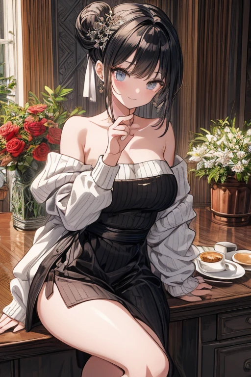 (((Masterpiece))),(((Super Detail))),(((in 8K))),(((best composition))),(((Rim lighting,Fireglow effect,deep shadow))),solo,(Hatsune Miku:1.0),Beautiful fingers,Detailed finger features,(Detailed hair features:1.7),(Dynamic and sexy bending pose:1.3),detailed facial features,detailed clothes features, (perky chest:1.1), (pointed chest:1.3), delicate beautiful face, Bright blue eyes, cute eyes, sparkling eyes, Big eyes, beautiful detailed eyes,double bun with glittering hair ornament,(super detailed glossy skin:1.3),slender body,tits,goddess smile,((with sparkling eyes and a contagious smile)),beautiful posture,have a cup of coffee,black hair, red eyes, dress, bare shoulders, jewelry, collarbone, sidelocks, hairband, earrings, indoors, off shoulder, sweater, arms behind back, plant, short hair with long locks, white hairband, off-shoulder dress, sweater dress, off-shoulder sweater, red sweater, big side hair, very long side hair,(super delicate floral pattern:1.2),seductive cleavage:1.3,beautiful glossy legs,shiny red high heels,lifting dishes with cakesd,french restaurant,hustle and bustle,rising steam,(((depth of fields)))
