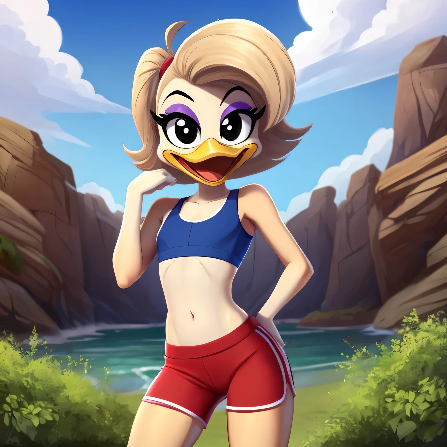 Allie Stoey Duck, female, tan hairstyle, orange legs: 1.2, duck, wears colored sports bra, colored shorts, happy, smiling, white skin, purple eyeshadow, black eyes, scut tail, flat chested, skinny torso, ducktales, eyeliner, beak, standing, solo:1.2, duck, beak, eyeliner, black eyes, (outside), (looking at viewer), (showing her torso), (lovable attitude), (acting silly)