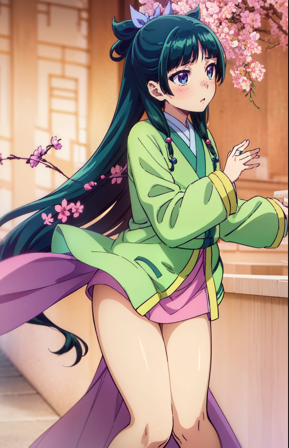 (Masterpiece, High Quality, Top quality, High-Detailed, Detailed CG, Cinematic Shadow, Cinematic Scene, Beautiful Detailed Eyes, Ultra Resolution, Depth of Field), (Character: maomao (kusuriya no hitorigoto)), Looking At The Audience, Looking Down, Looking At The Audience Below, (Blush Expression:1.2), (Small Expression:1.2), (SFW:1.2), (Dark Green Hair), (Two Strands of Hair Frame and are adorned with 2 beads each), Hair Ornament, Hair bun, Purple Eye, Five Fingers, Good Composition, Arms, Thighs, Small Breasts, Hips, Night Times, Midnight, Blur Background, Chinese Architectures.