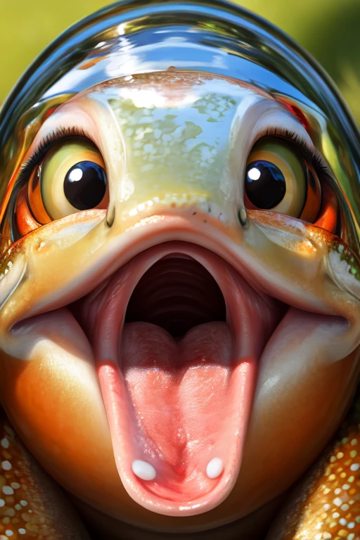 Single Trout fish with no teeth, large wide open mouth with milk inside mouth, surprised face with cute eyes facing the camera close up, photorealistic. Milk inside mouth