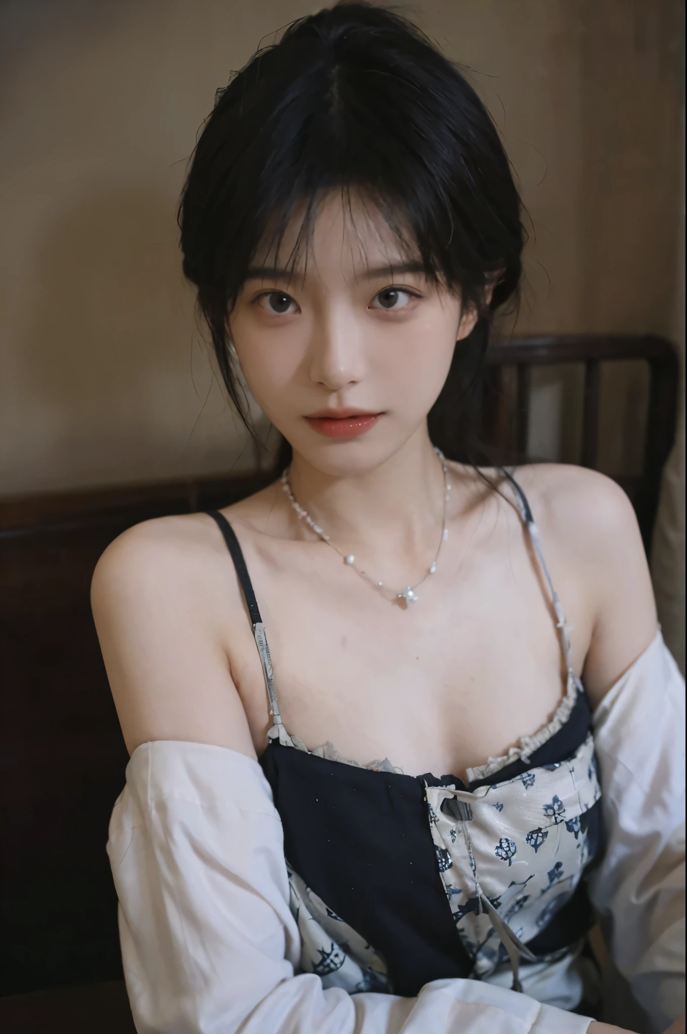 Film portrait photography, 2 girls, Bare shoulders,Lipstick,(flat chest:1.4), Wear a necklace,Cute expression,Exquisite makeup,Red suspenders,serene, calm, (Realistic and detailed eyes, Natural skin texture, Realistic facial details), Big breasts:1.6,Big Breasts,Soft dramatic lighting, Depth of Field, Bokeh, Vibrant details, Detailed and detailed, Surreal, 35mm film, hazy, ,