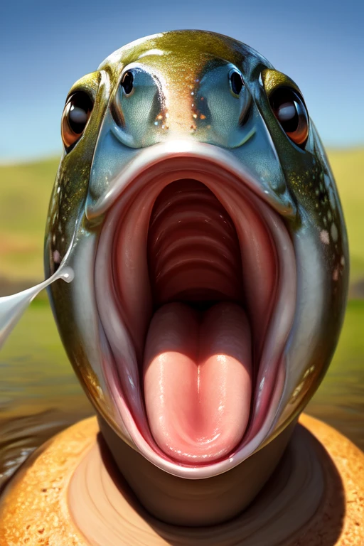 Single Trout fish with no teeth, large wide open mouth with milk inside mouth, surprised face with cute eyes facing the camera close up, photorealistic. Milk inside mouth