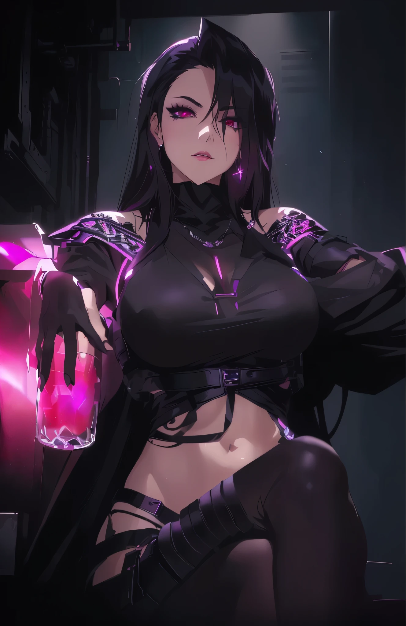 a woman with a black top and a black cape holding a glass of alcohol, highly detailed, masterpiece,black hair, pink eyes,  female death holding a cocktail, with a drink, badass anime 8 k, female cyberpunk anime girl, artwork in the style of guweiz, oc commission, portrait of tifa lockhart, cyberpunk anime girl, seductive cyberpunk dark fantasy, aeon flux style, highly detailed exquisite fanart