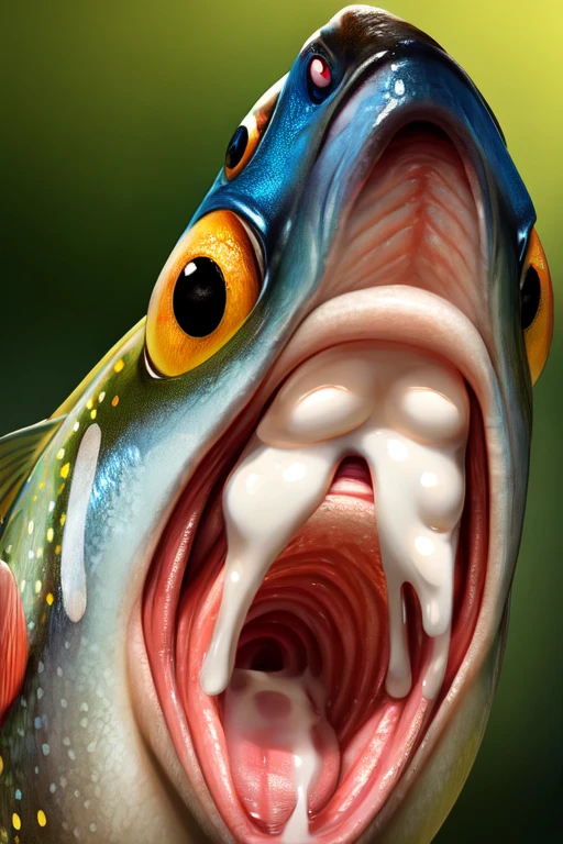 Single Trout fish with no teeth, large wide open mouth with milk inside mouth, surprised face with cute eyes facing the camera close up, photorealistic. Milk inside mouth