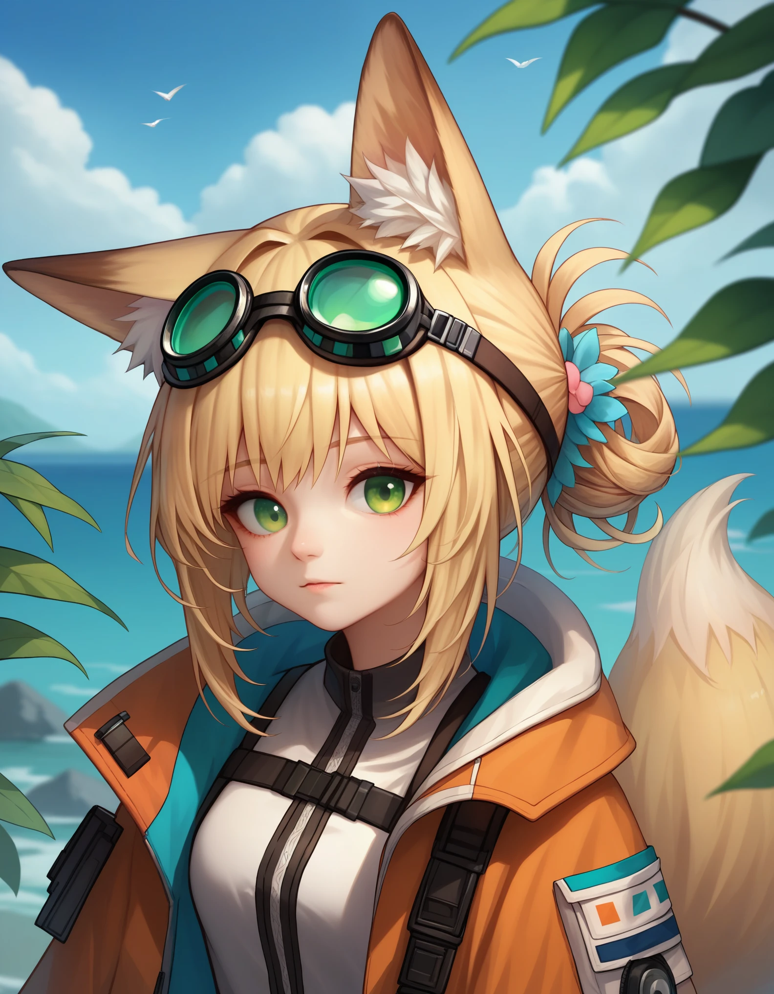 score_9,score_8,score_7, solo,
1girl,suzuran \(lostlands flowering\) \(arknights\),arknights,animal ears,fox ears,blonde hair,goggles,goggles on head,tail,official alternate costume,fox tail,fox girl,green eyes, 