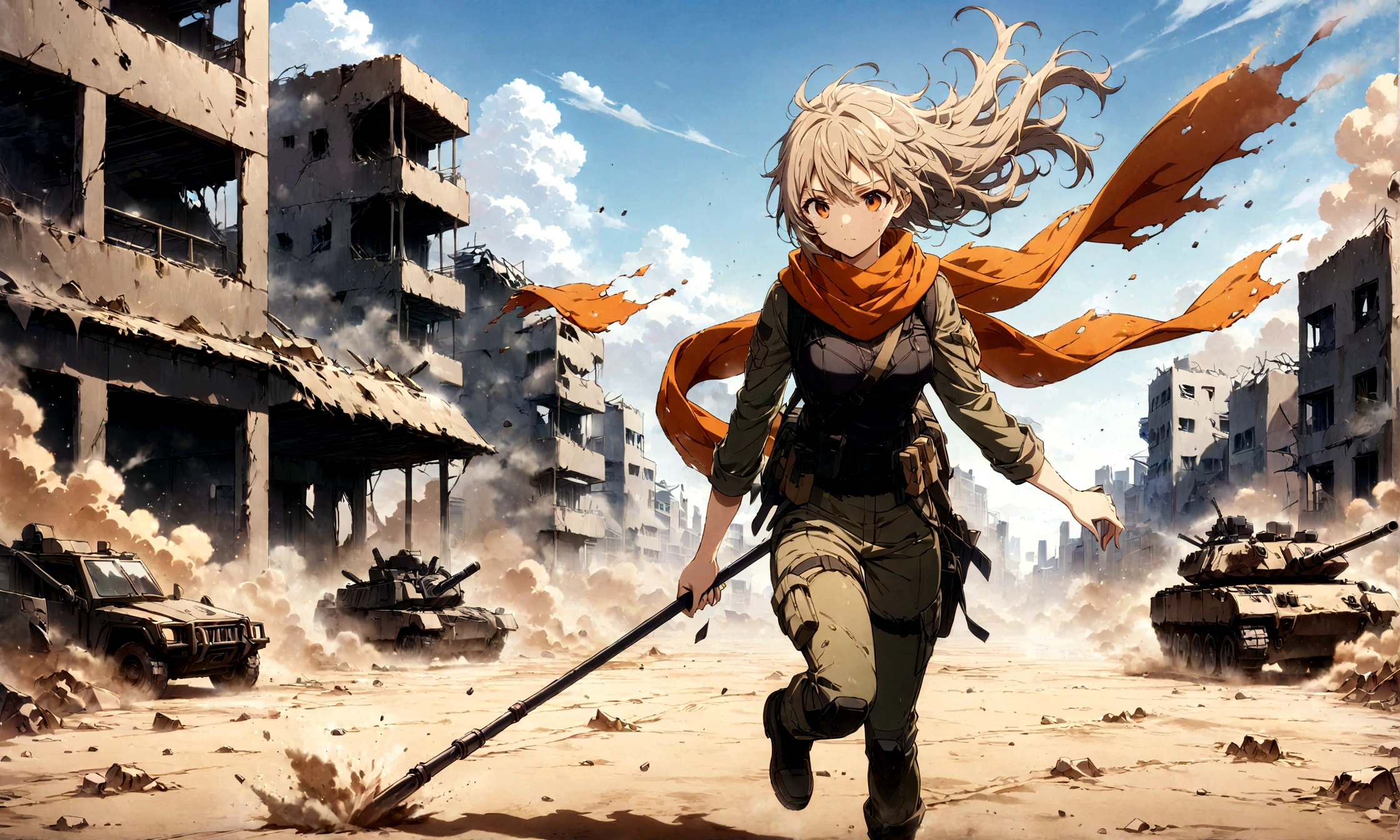 1girl,fullbody,medium breast,tactical military clothing,scarves that cover the face,scarf,one hand holding flag,barren wasteland,tank,after warzone,sand particles,sandstorm,windy,destroyed buildings,blend with background,(masterpiece), (best quality), (ultra-detailed), very aesthetic, illustration, disheveled hair, perfect composition, moist skin, intricate details,orange teal color lookup,anime artwork,vibrant,