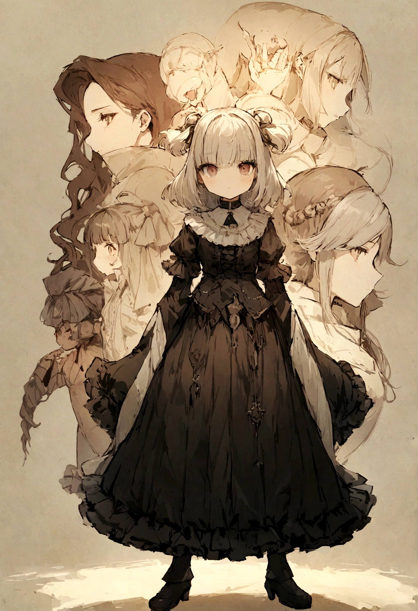 ((Obra de arte)), (mais alta qualidade))), (ficha de design de personagem, costume nacional, mesmo personagem, Frente, lado, voltar), illustration, 1 garota, corpo todo, cabelo prateado, cabelo dos olhos, olhos lindos, princess cut, environmental change scene, saia curta, Timidez, mulher, garota, standing, Gothic loli, V-shaped tubercle, Chartaan Betarola, (simple voltarground, white voltarground: 1.3) ( Obra de arte:1.2), (melhor qualidade:1.3)