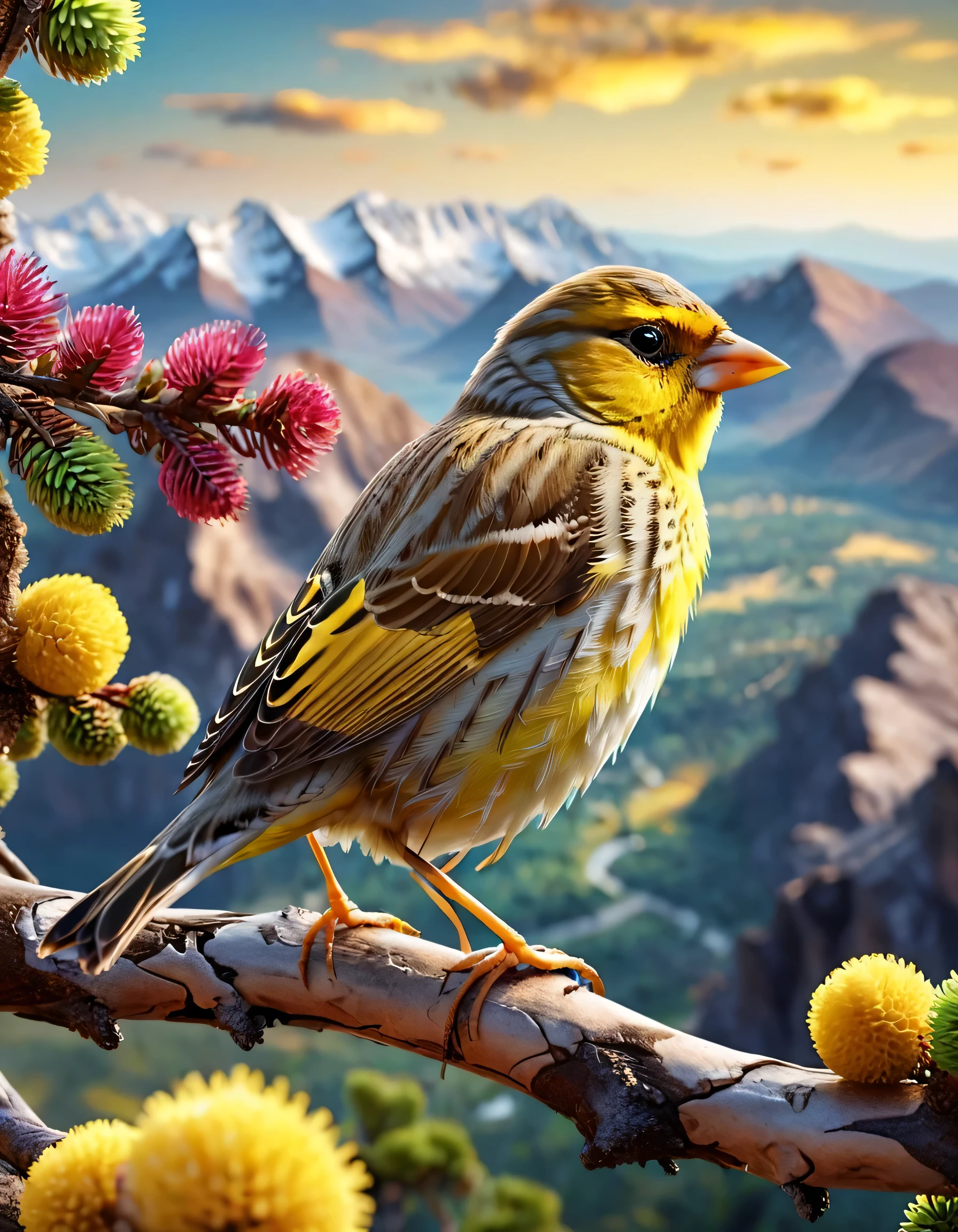 vibrant colors, extreme closeup, 3d hyperreal yellow finch perched on branch, 8k, planetary mountains background, professional photography,
