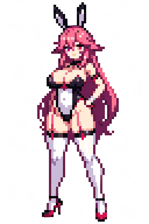 Yae Miko,pixal style ,(A white border around a dark red rectangular background：2.5)​，cropped shoulders，giant boobs，short，Simetall，High detail,Moles under eyes, Heart-shaped pupils，Love pupils，sexy bunny suit with bunny ears and high heels ,highly rendered，detailed face with full body shot feet to head standing up pink hair
