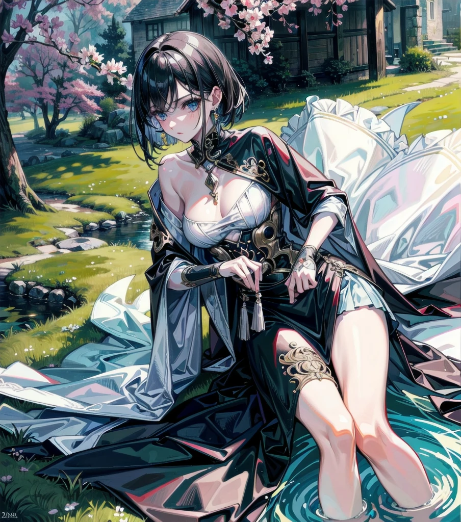 absurdres, RAW photo, extremely delicate, extremely beautiful, masterpiece, Best Quality, ultra high resolution, 32k, hyperrealistic, ultra-detailed description, perfect anatomy, correct body, ideal ratio of body proportions, pale skin, 20 years old, detailed beautiful face, detailed beautiful face eyes, tearful mole, earring, long short hair, black hair, big tits, whole body shot, cloak, shirt, skirt, detailed intricate folds, elegant flowing fabric, a beautiful countryside village, quaint houses, cobblestone streets, lush green meadows, rolling hills, colorful flowers, a small stream running through,