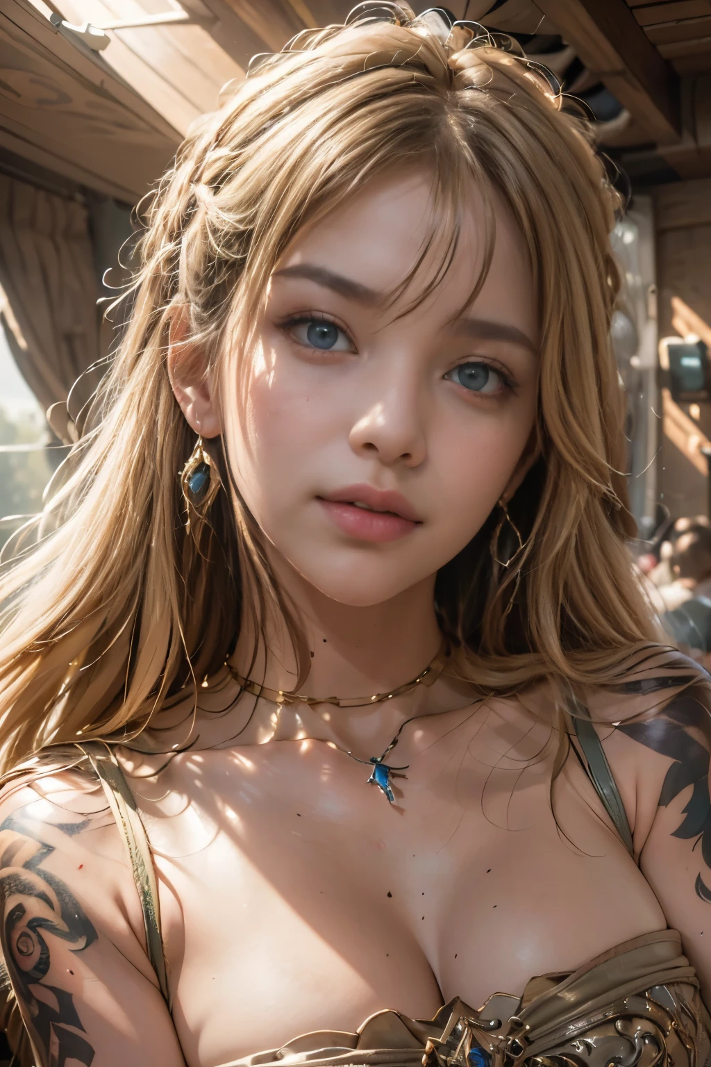 Create a portrait of a woman with blond braided hair. She is mysterious and stares at the viewer with a slight tilt of her head. She is dressed in a cleavage-revealing outfit. She gazes at the viewer with sparkling earrings and a sweet, bashful, yet at the same time sexy and sensual expression. The background is a blue impressionistic forest of leaves. Impressionistic painting style, More expansive background and forest, (Natural Skin Texture, Hyperrealism, Soft Light, Sharpen: 1.2), Soft Light, Sharpen, Exposure Blend, Medium Shot, Bokeh, (HDR: 1.4), High Contrast, (Cinematic, Pink and Orange: 0.85 ), (Soft Color, Dark Color, Muted Tone:1. 3), Low Saturation, (Hyperdetail:1.2), (Therefore:0.4), (Complex Detail:1.12), HDR, (Complex Detail, Hyperdetail:1.15), Faded Color, (Neutral Color:1. 2), Art (HDR:1.5), (Light Color:1.1), (Color: 0.2), Hyperdetail, (Art Stations: 1.4), Warm Light, Dramatic Light, (Complex Detail: 1.2), Vignetting, Complex Background, 4k