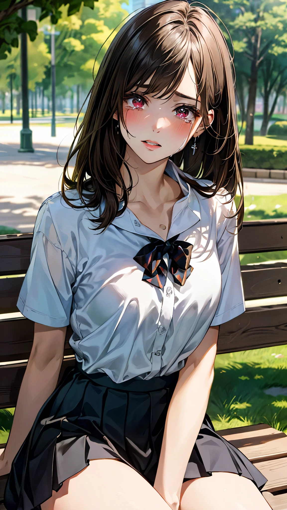 (masterpiece:1.3, top-quality, ultra high res, ultra detailed), (realistic, photorealistic:1.4), beautiful illustration, perfect lighting, natural lighting, colorful, depth of fields, surrealism,
beautiful detailed hair, beautiful detailed face, beautiful detailed eyes, beautiful clavicle, beautiful body, beautiful chest, beautiful thigh, beautiful legs, beautiful fingers, shiny skin,
looking away, 1 girl, japanese, 18 years old, (perfect anatomy, anatomically correct, super detailed skin), cute and symmetrical face, face, perfect face, perfect eyes, slender,
(long hair:1.8, straight hair, brown hair), bangs, maroon eyes, slant eyes, long eye lasher, (medium breasts, seductive thighs),
short sleeve light green collared shirt, white shirt, , light brown pleated skirt, ,
(beautiful scenery), evening, (park, park bench), head down, sitting bench, (docile, tears, parted lips),