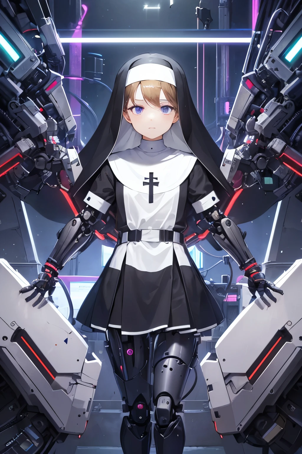   girl ,girl 12 year old  , mechanical face , futuristic nun dress ,flat  chest ,long brown hair frinje ,(**** body), mechanic-headband, purple leds ,purple  light auréola,   quality, 8k ,nun uniform , Cyborg arms. Mechanical Limbs Metal,  Mechanical legs .Power cablles conected in machine. Circuitos , praying. 