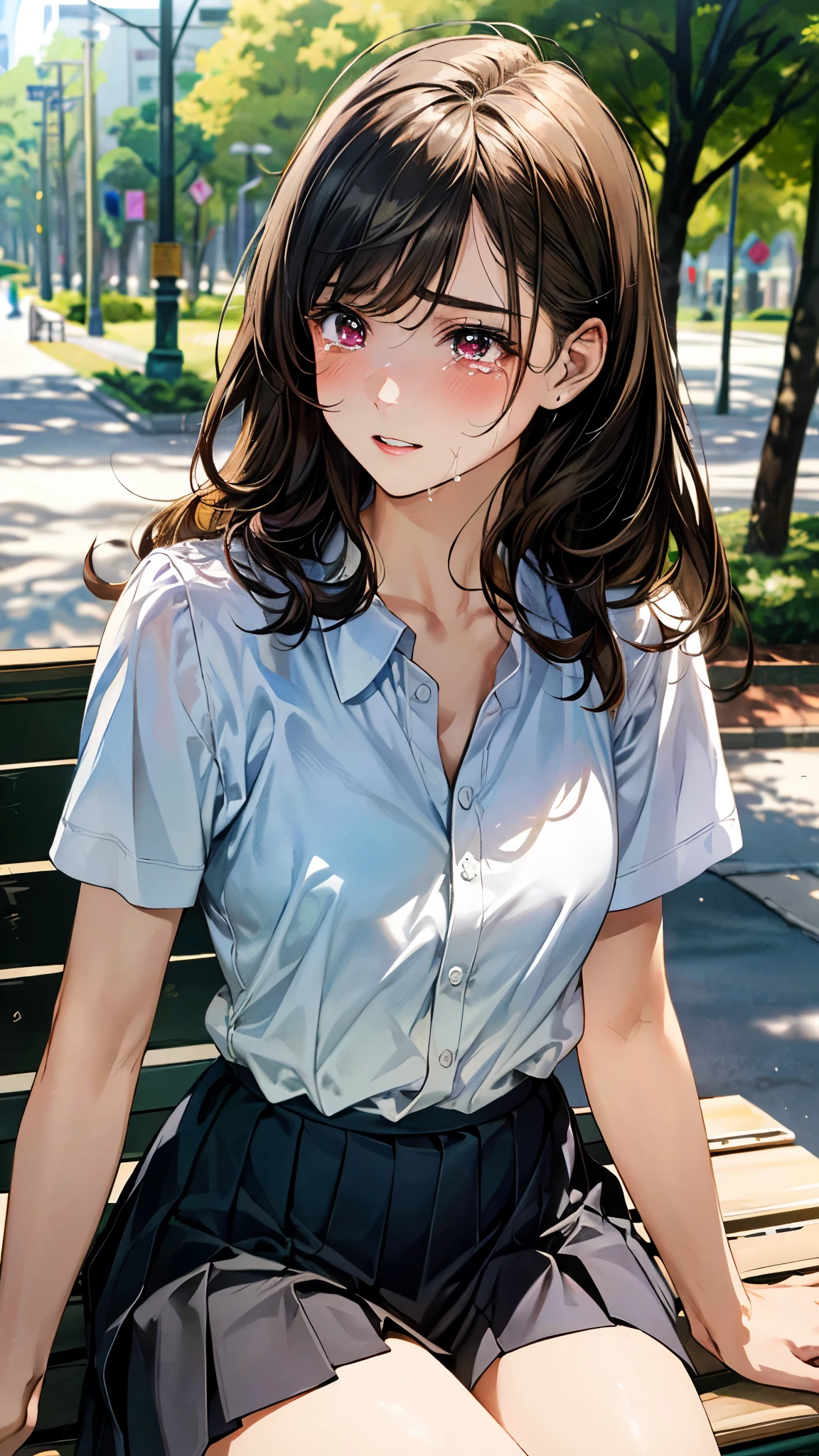 (masterpiece:1.3, top-quality, ultra high res, ultra detailed), (realistic, photorealistic:1.4), beautiful illustration, perfect lighting, natural lighting, colorful, depth of fields, surrealism,
beautiful detailed hair, beautiful detailed face, beautiful detailed eyes, beautiful clavicle, beautiful body, beautiful chest, beautiful thigh, beautiful legs, beautiful fingers, shiny skin, 
looking away, 1 girl, japanese, 18 years old, (perfect anatomy, anatomically correct, super detailed skin), cute and symmetrical face, babyface, perfect face, perfect eyes, slender, 
(long hair:1.8, straight hair, brown hair), bangs, maroon eyes, slant eyes, long eye lasher, (medium breasts, seductive thighs), 
short sleeve light green collared shirt, white shirt, , light brown pleated skirt, , 
(beautiful scenery), evening, (park, park bench), head down, sitting bench, (docile, tears, parted lips),