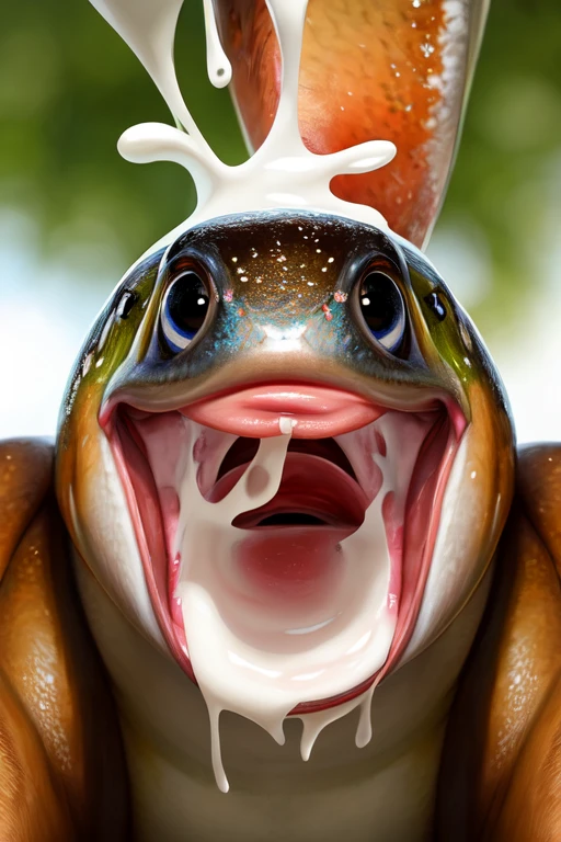 Single Trout fish with no teeth, large wide open mouth with milk inside mouth, surprised face with cute eyes facing the camera close up, photorealistic. Milk inside mouth. Milk dripping out of mouth. Milk on head