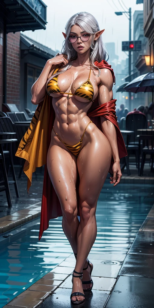 Full body, masterpiece, 1solofemale drow elf purple skin standing pose (yellow tiger bikini) cape, bikini, long white hair, strong body, abs, Ultra Quality, shiny skin, Atmospheric, 8K, Cinematic ((Street background)) BREAK, sunglasses (wet rainy, wet by rain, wet body :1.2) ultra-detailed face, detailed lips, detailed eyes, double eyelid, sensual low-necked dress, open neckline, hanging breasts, side pose, visible curves, pool, poolside, red transparent robe, sunglasses, muscular turned leg