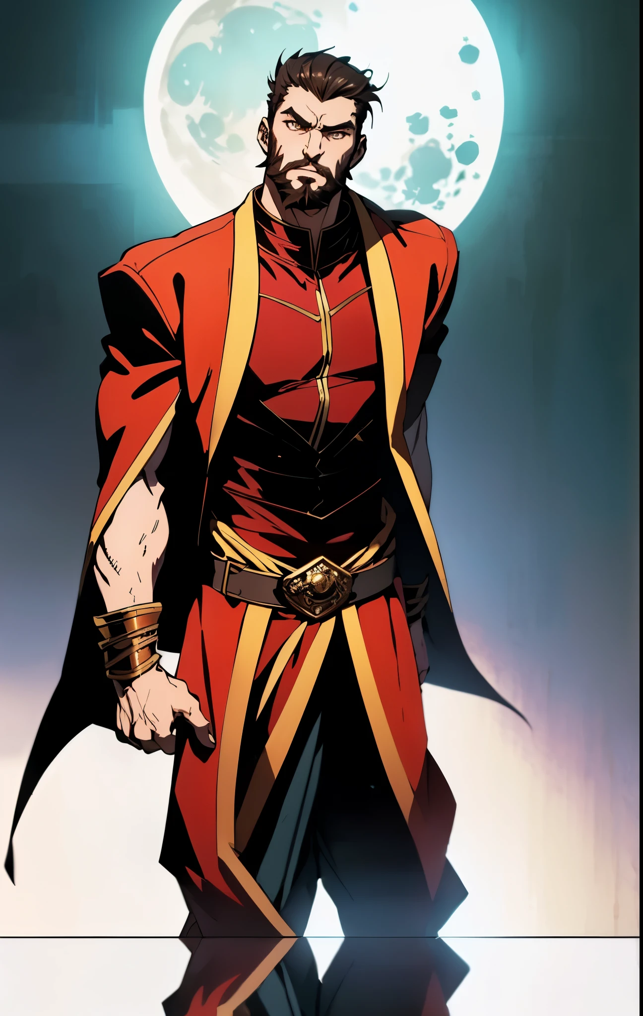 A 50-year-old man with slicked-back reddish-brown short hair, a large beard covering the lower half of his face, piercing eyes, handsome features, an open dark red fantasy martial arts-style robe coat, flowing short sleeves, a black and white undershirt, matching cloth trousers, a metal belt buckle, he exudes a dark red aura of death, strides down a desolate and silent moonlit street, this character embodies a finely crafted fantasy martial arts-style overlord in anime style, exquisite and mature manga art style, dramatic, high definition, best quality, highres, ultra-detailed, ultra-fine painting, extremely delicate, professional, perfect body proportions, golden ratio, anatomically correct, symmetrical face, extremely detailed eyes and face, high quality eyes, creativity, RAW photo, UHD, 32k, Natural light, cinematic lighting, masterpiece-anatomy-perfect, masterpiece:1.5