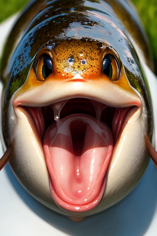Single Trout fish with no teeth, large wide open mouth with milk inside mouth, surprised face with cute eyes facing the camera close up, photorealistic. Milk inside mouth. Milk dripping out of mouth.