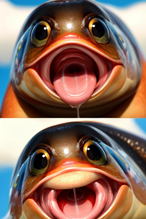Single Trout fish with no teeth, large wide open mouth with milk inside mouth, surprised face with cute eyes facing the camera close up, photorealistic. Milk inside mouth. Milk dripping out of mouth.