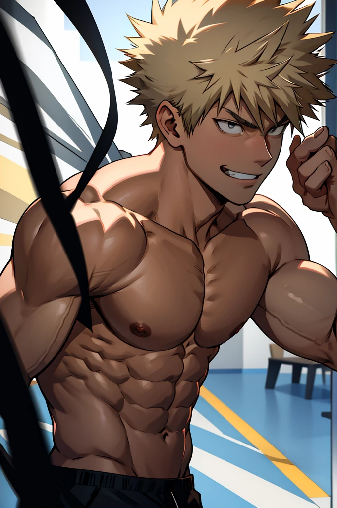 Bakugo Katsuki《My Hero Academia》muscular, A topless、身穿黑色sports裤的年轻人, defined abs, Huge muscles, Confident smile, sports, Handsome, Chiaroscuro lighting, sharp contrast, number, Surrealism, Movie, 8K, high resolution, masterpiece,