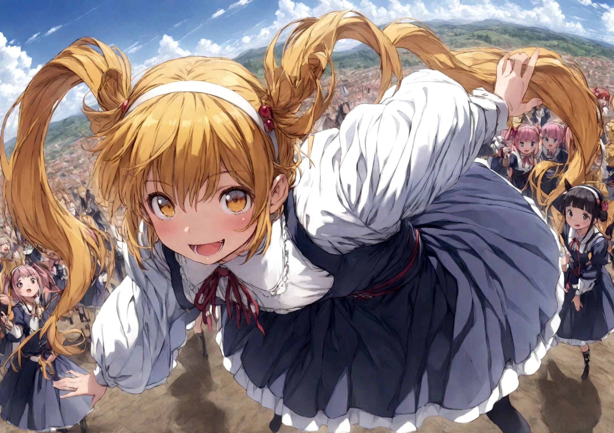 anime, chibe, (((Top quality, 4k, 8k, high resolution, masterpiece: 1.2))), (super detailed), (realistic), (photorealistic), (photorealistic: 1.37), (HDR, UHD), (studio (lighting)), ultra-fine drawing, sharp focus, physically based rendering, highly detailed, professional, vibrant colors, perfect ditaile hand, highly detailed realistic eyes,
anime, cartoon,
multiple girls, A lot of girls, 48 girls,
Medieval European clothing, Medieval European citizen clothing,
Many girls dancing on the stage, Countryside, Village Festival Stage, festival, carnival, festival decoration,
smile, open mouth,
brown hair, black hair, green hair, pink hair, blue hair, blond, orange hair,
long hair, Medium long hair, short hair, Twin tail hairstyle, braid hairstyle,
ribbon, hair ornaments, hairband, white hairband,
brown eyes, blue eyes, red eyes, black eyes, green eyes, Yellow Eyes,
Mini skirt,thighhighs, Long skirt, socks,
looking at viewer,
(((Long shot, Panorama, Aerial view, Distant view))),