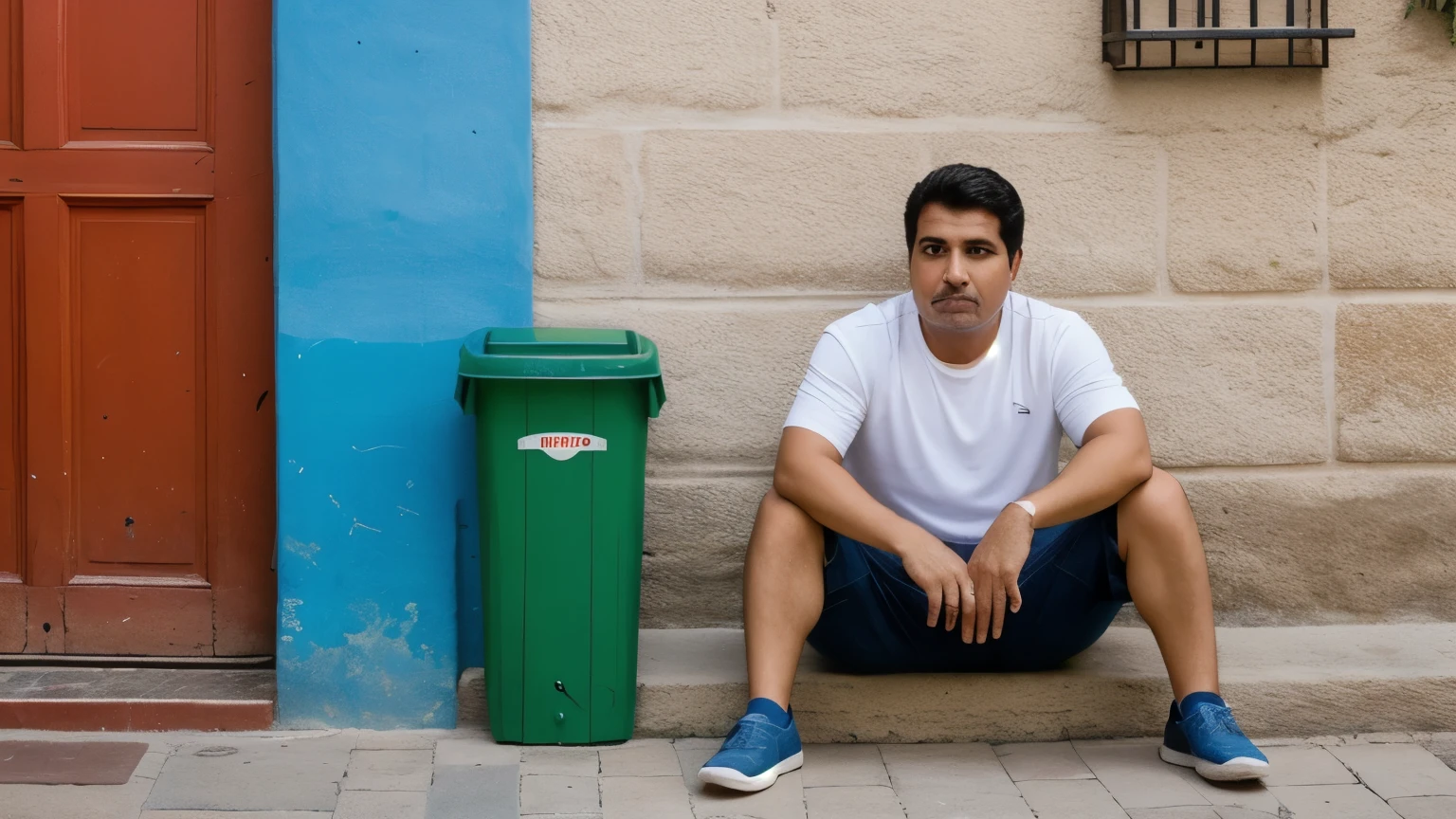 "El padre sale a sacar la basura afuera del edificio y se encuentra de frente con el vecino del departamento de enfrente. Suben al ascensor juntos. El padre mantiene la basura lejos de su cuerpo por el mal olor, mientras el vecino, con aspecto prolijo y bien peinado, holds your bag without any problem. El padre huele disimuladamente el aire y se da cuenta de que la basura del vecino no tiene olor. (El padre tiene ojeras, is disheveled and with a tired body posture)."