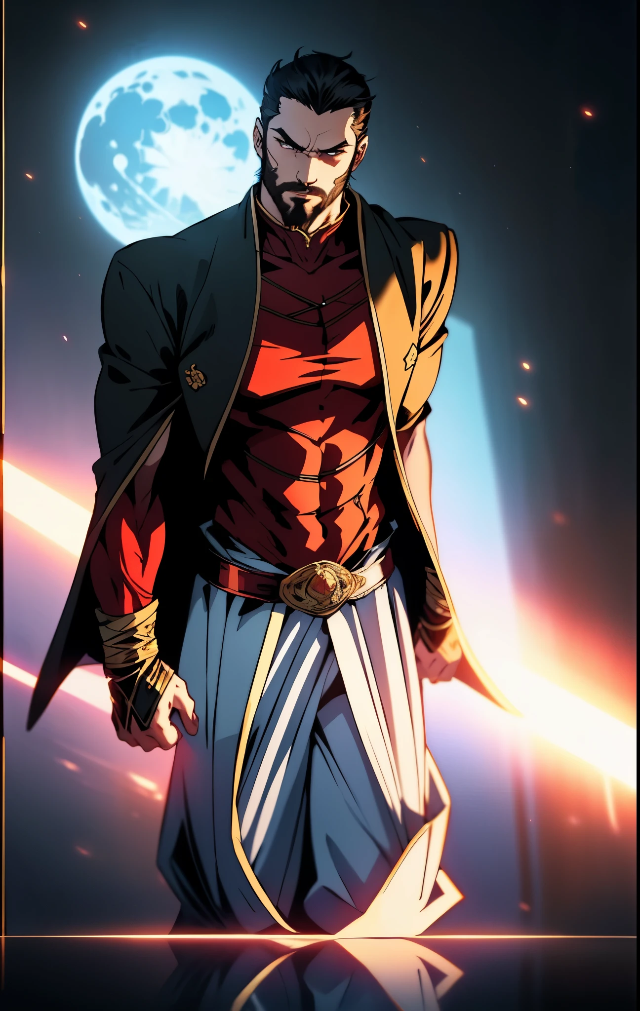 A 50-year-old man with slicked-back reddish-brown short hair, a large beard covering the lower half of his face, piercing eyes, handsome features, an open dark red fantasy martial arts-style robe coat, flowing short sleeves, a black and white undershirt, matching cloth trousers, a metal belt buckle, he exudes a dark red aura of death, strides down a desolate and silent moonlit street, this character embodies a finely crafted fantasy martial arts-style overlord in anime style, exquisite and mature manga art style, dramatic, high definition, best quality, highres, ultra-detailed, ultra-fine painting, extremely delicate, professional, perfect body proportions, golden ratio, anatomically correct, symmetrical face, extremely detailed eyes and face, high quality eyes, creativity, RAW photo, UHD, 32k, Natural light, cinematic lighting, masterpiece-anatomy-perfect, masterpiece:1.5