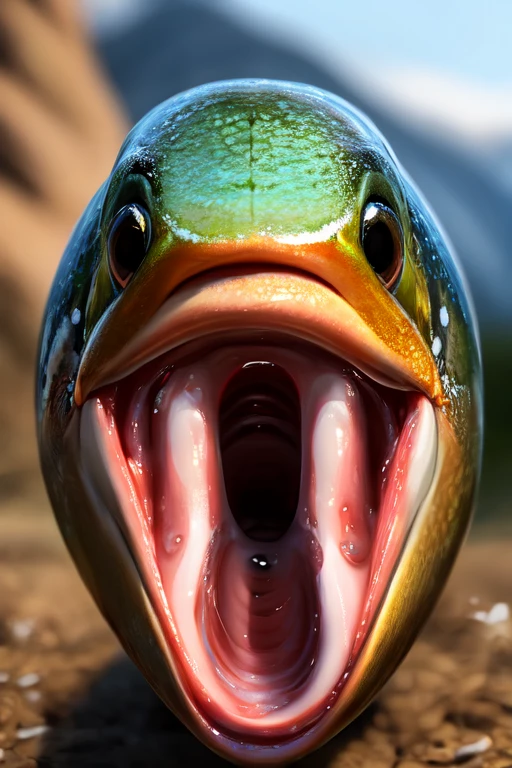 Single Trout fish with no teeth, large wide open mouth with milk inside mouth, surprised face with cute eyes facing the camera close up, photorealistic. Milk inside mouth. Milk dripping out of mouth.