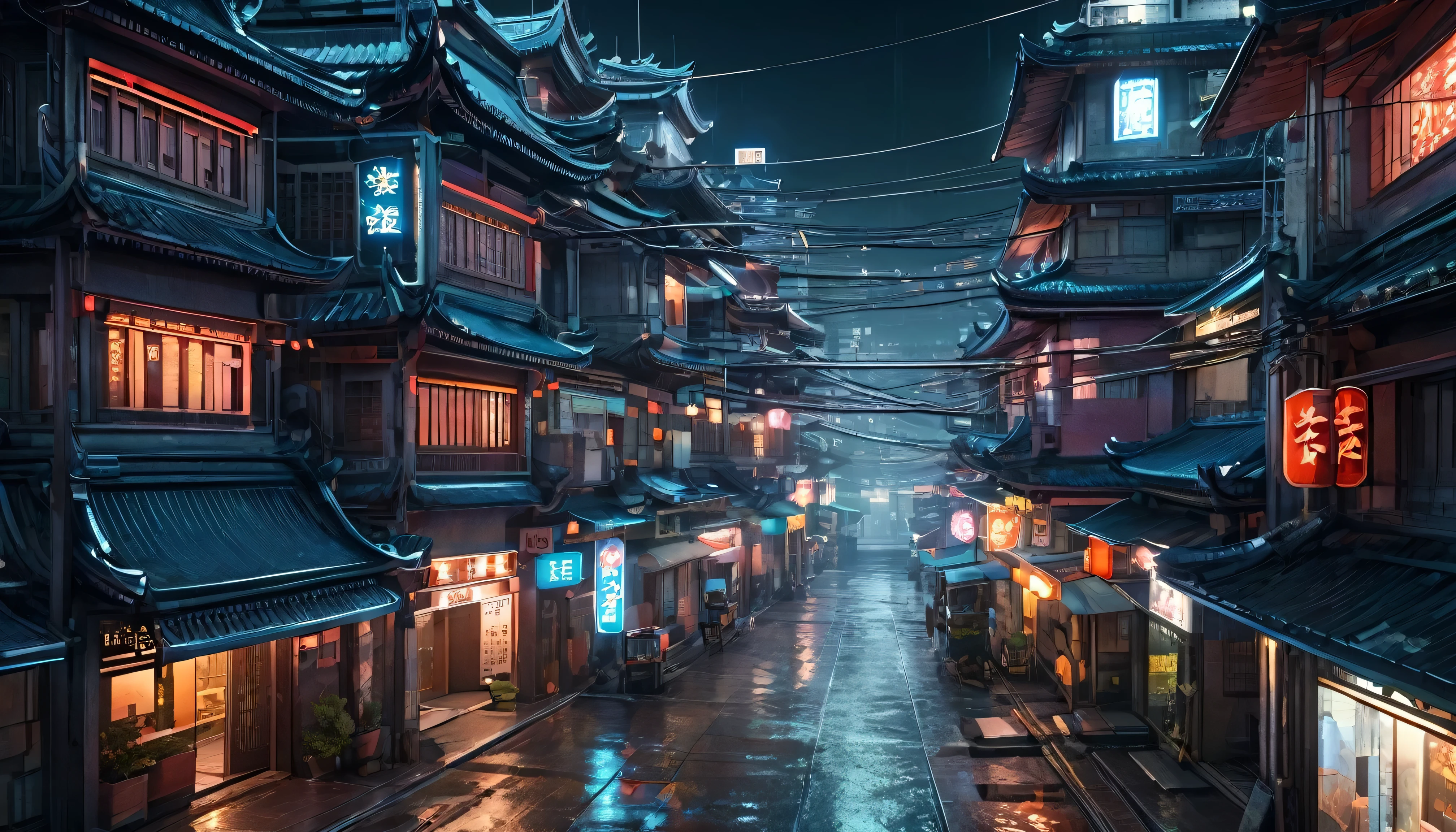 Cyberpunk cities in science fiction movies, Empty Streets, night, Chinoiserie architecture, Established, irregular, Circuit board, wire, complicated, Very detailed, Realistic, hyper Realistic, high quality, Highest, Very detailed, Crazy Details, Very detailed, PhotoRealistic, A magnificent composition, Highest quality, 32k
