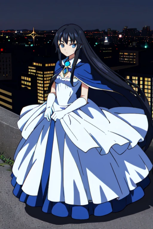 Girl1, solo, blue eyes, mask, dress, black long hair, white gloves, blue cape, long skirt, looking at viewer, city, best quality, masterpiece