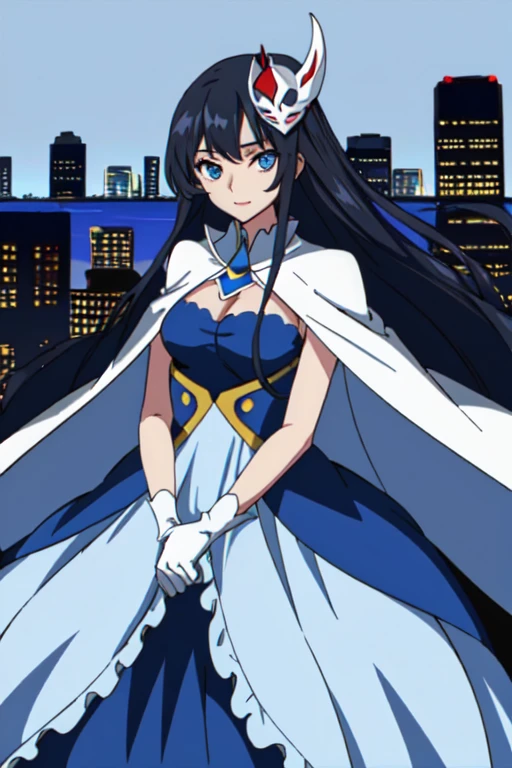 Girl1, solo, blue eyes, mask, dress, black long hair, white gloves, blue cape, long skirt, looking at viewer, city, best quality, masterpiece