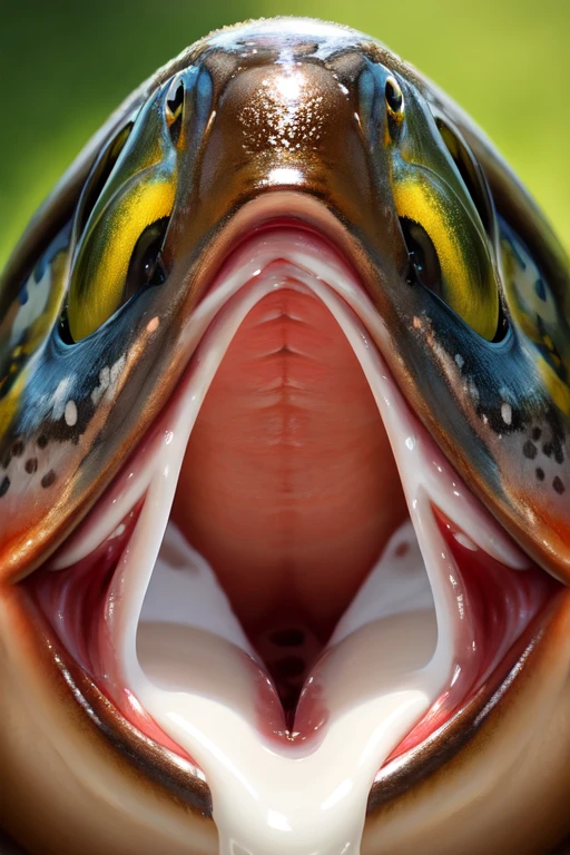 Single Trout fish with no teeth, large wide open mouth with milk inside mouth, surprised face with cute eyes facing the camera close up, photorealistic. Milk inside mouth. Milk dripping out of mouth.