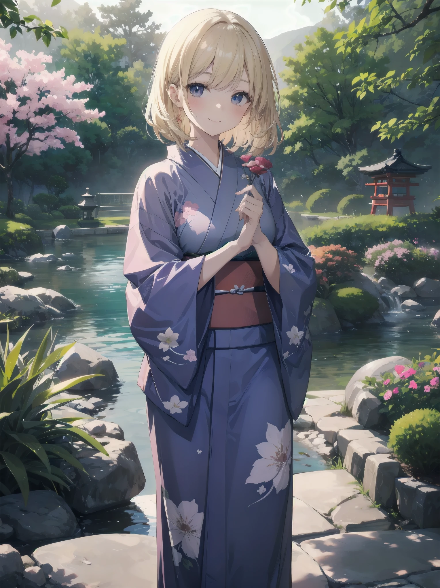 Subject: pretty beautiful girl
Subtitle: {Long, straight blonde hair}{Japanese-style yukata}{Posing picking flowers}{Japanese garden}{Smiling demurely}{Mirrorless camera, f/1.8, 1/400 sec, ISO 800, soft focus effect}

A beautiful girl with long, straight blonde hair stands in a quiet Japanese garden. She is wearing a beautiful Japanese yukata and is elegantly picking flowers. Her modest smile enhances her elegance and makes for a memorable scene. In the background is a lush green Japanese garden, which gives the scene a traditional beauty. The photo was taken with a mirrorless camera at f/1.8 aperture, shutter speed 1/400 sec, ISO 800, and the soft-focus effect adds to the soft, magical atmosphere.